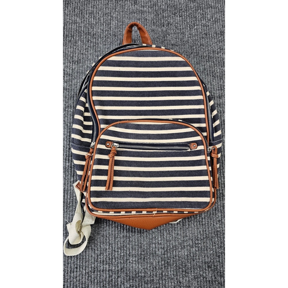 Blue Striped Canvas Backpack Women  Faux Leather Trim Nautical